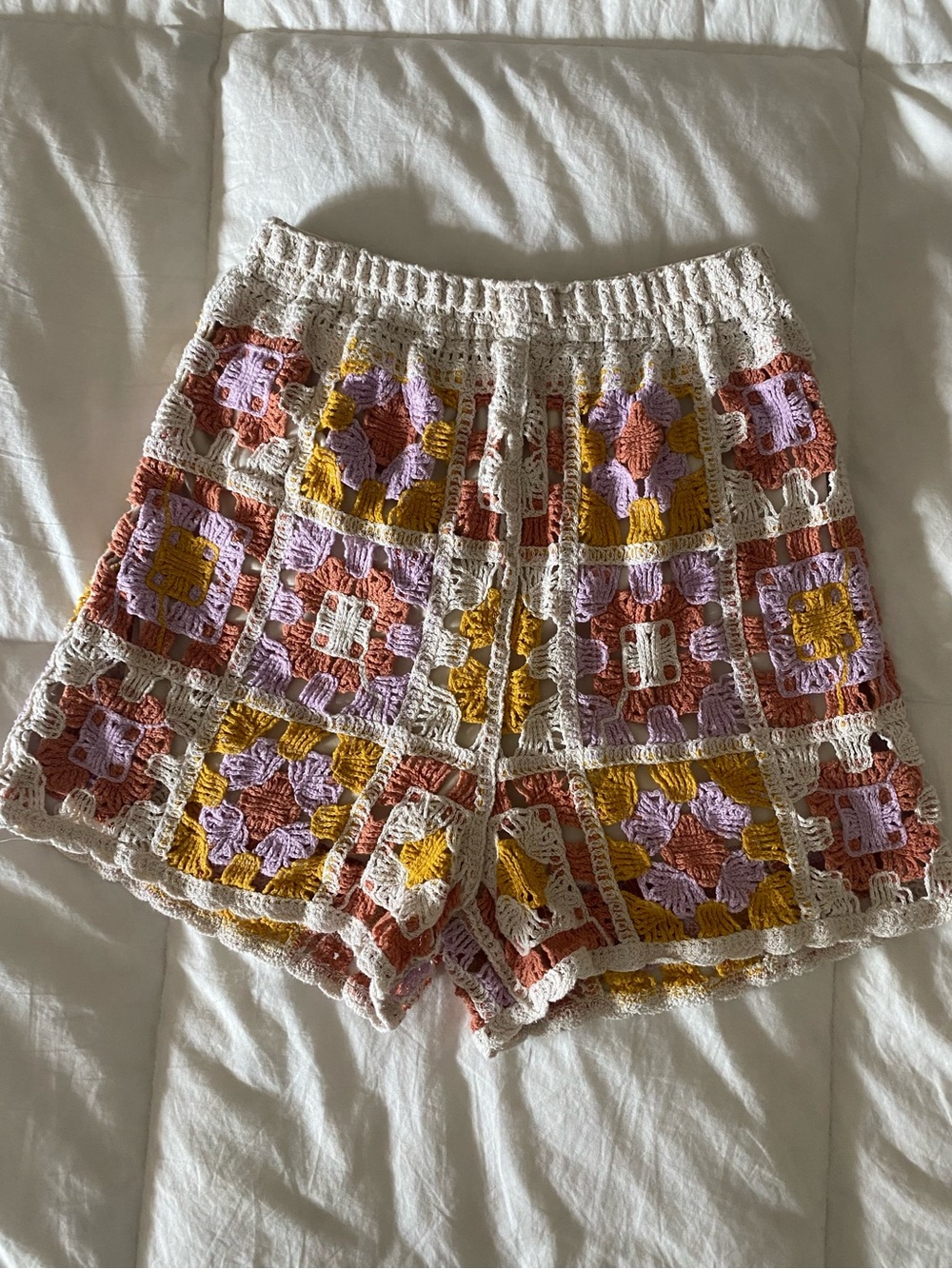 Crochet Patchwork Women’s Shorts in Cream, Pink & Mustard